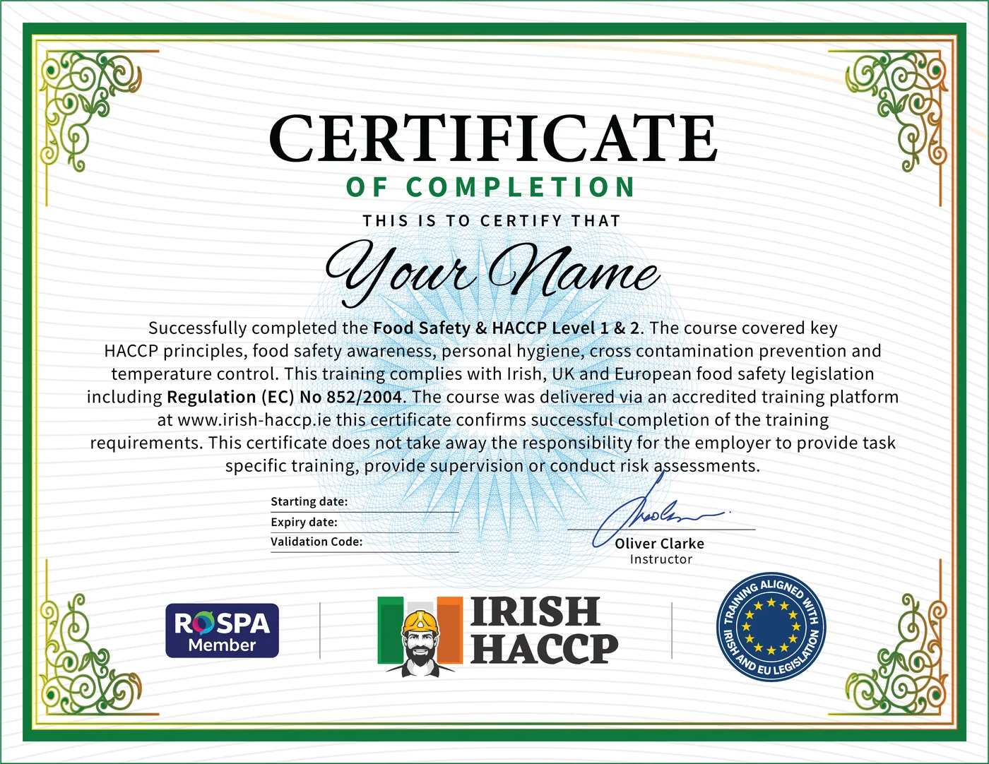 Official HACCP Certificate from Irish HACCP Ltd., CPD Certified Food Safety Level 1 and 2, instant download