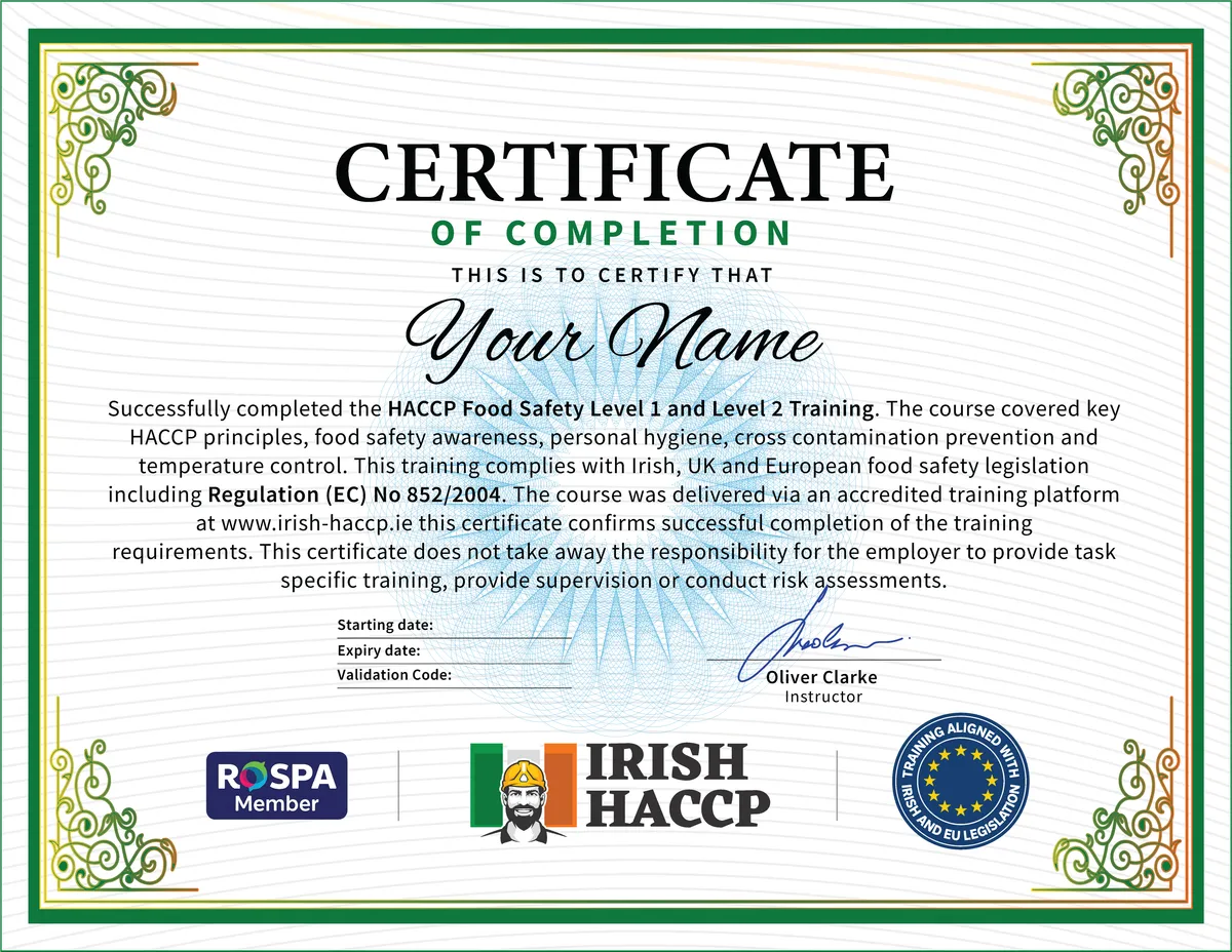Official HACCP Certificate from Irish HACCP Ltd., CPD Certified Food Safety Level 1 and 2, instant download