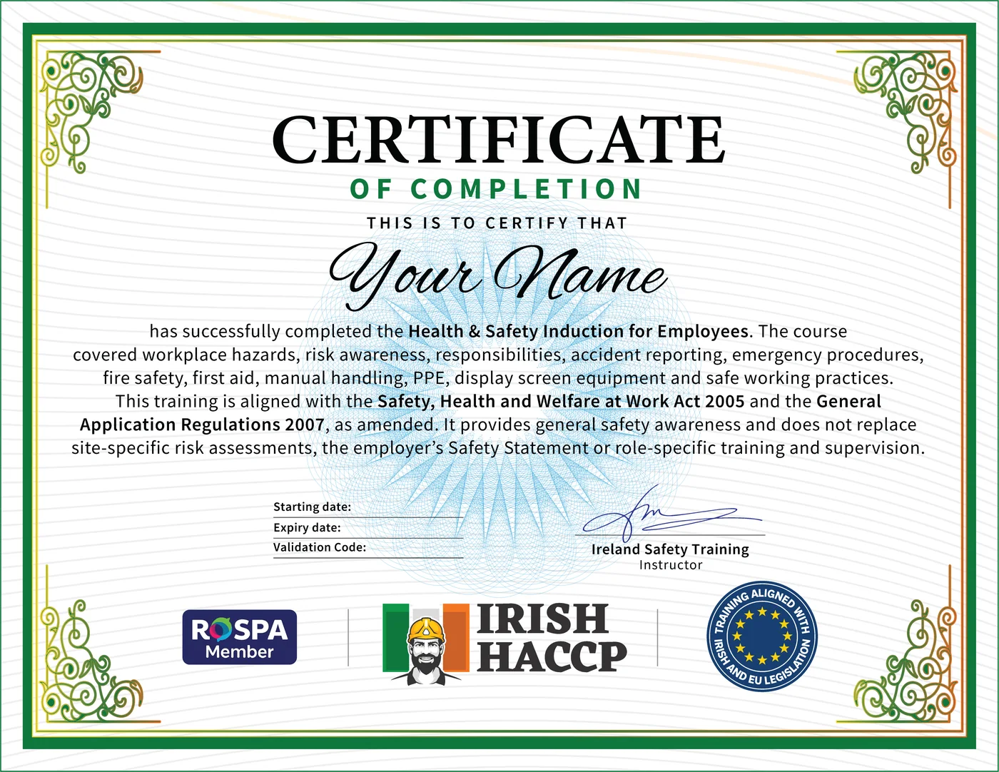 Health & Safety Induction for Employees Certificate Example, CPD Certified, HSA Aligned, Irish HACCP