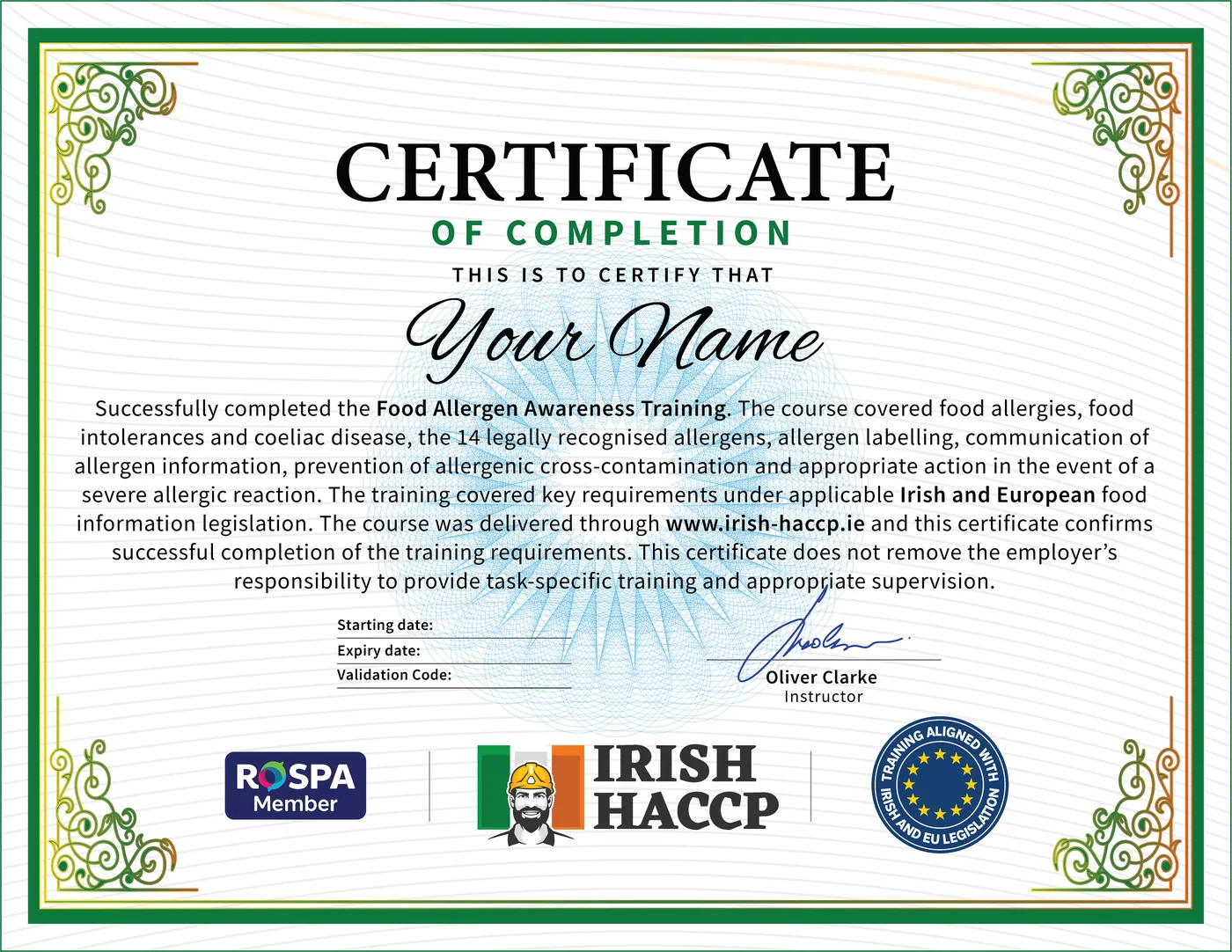 Example Food Allergen Awareness Certificate from Irish HACCP Ltd., CPD Accredited and EHO Accepted
