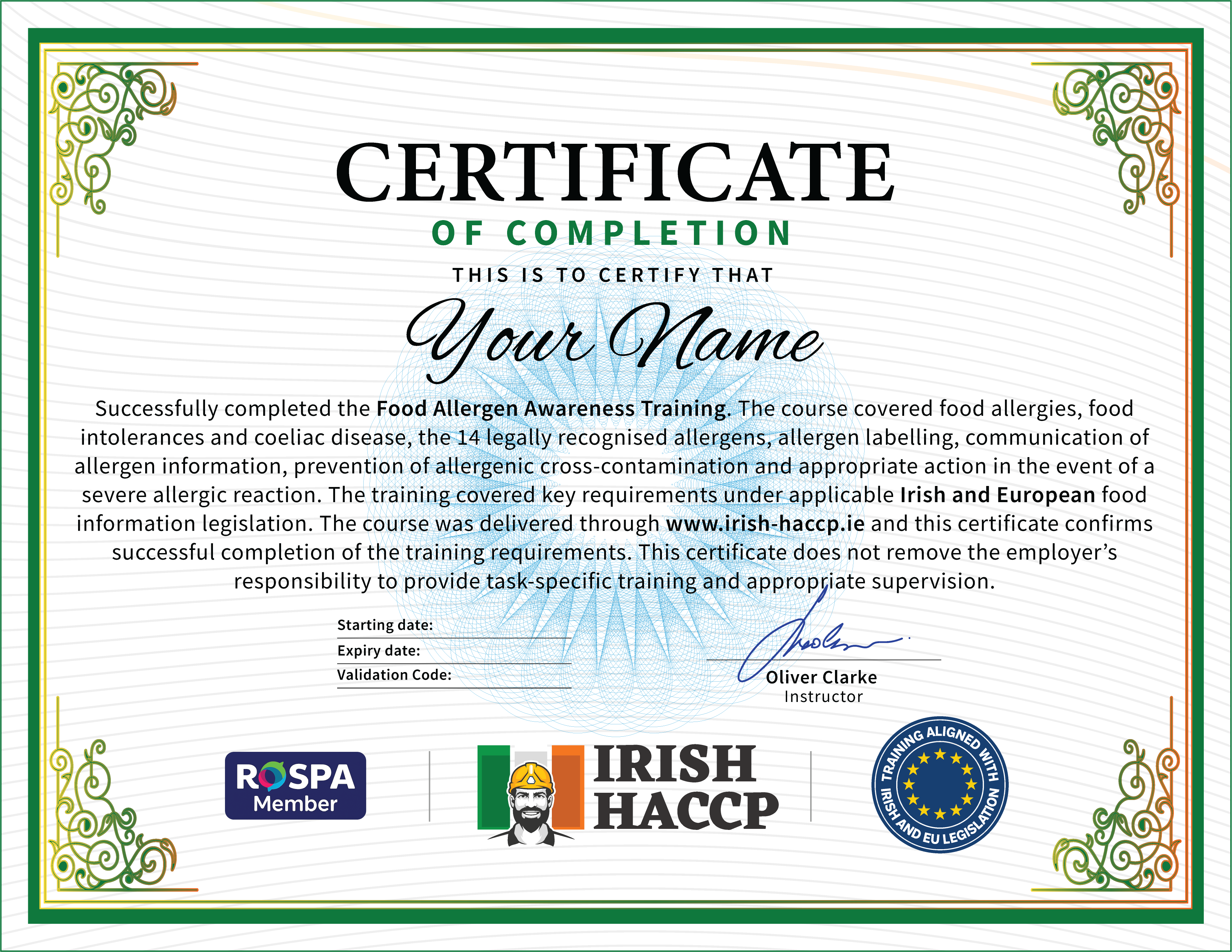 Food Allergen Awareness Certificate Example, CPD Accredited, FSAI Aligned, Irish HACCP