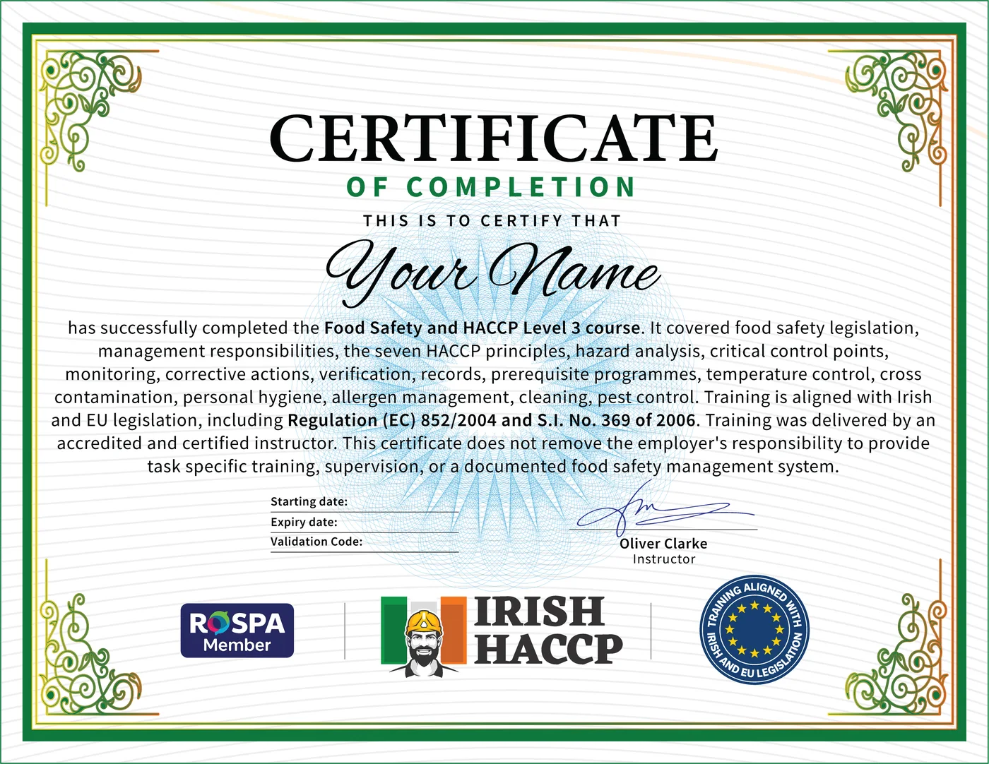Example Food Safety and HACCP Level 3 Certificate from Irish HACCP Ltd., CPD Accredited and EHO Accepted